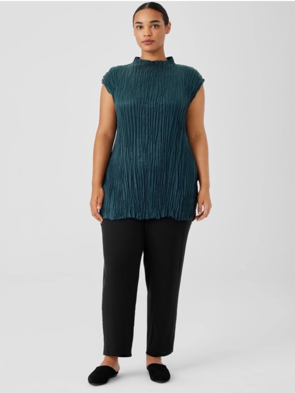 Eileen Fisher Crushed Cupro Funnel Neck Pleats Long Length Top Easy Fit
